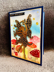 Gold Silhouette Fairy Mushroom Scene Birthday Card