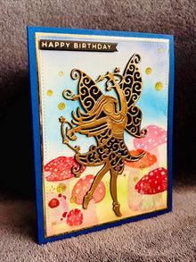 Gold Silhouette Fairy Mushroom Scene Birthday Card