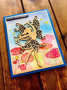 Gold Silhouette Fairy Mushroom Scene Birthday Card