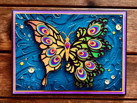 Rainbow Peacock Feather Winged Butterfly Blank Card