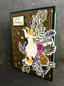 Floral Cockatoo with Geometric Fence Background Happy Birthday Card