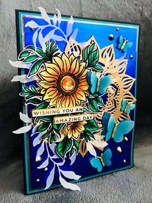 Yellow Sunflower and Dimensional Teal Butterflies Wishing You an Amazing Day Card