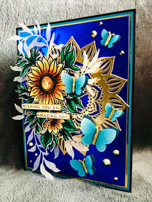 Yellow Sunflower and Dimensional Teal Butterflies Wishing You an Amazing Day Card
