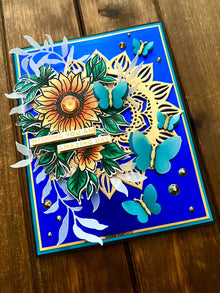 Yellow Sunflower and Dimensional Teal Butterflies Wishing You an Amazing Day Card