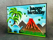Blue Dinosaur And Volcano Happy Birthday Card