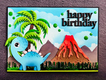 Blue Dinosaur And Volcano Happy Birthday Card
