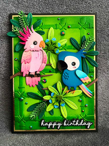 Pink Cockatoo with Blue Parrot and Bamboo Background Happy Birthday Card