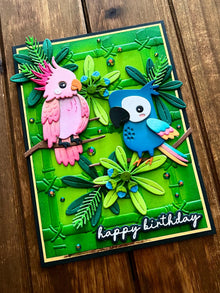 Pink Cockatoo with Blue Parrot and Bamboo Background Happy Birthday Card