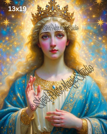 Celestial Queen | Ethereal Goddess Portrait Print | Golden Halo Fantasy Art | Divine Starlight Wall Decor | 2 Sizes