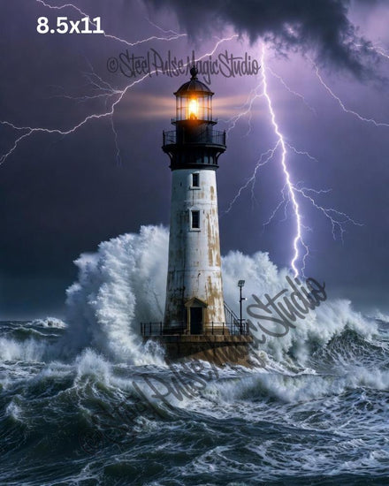 Storm Guardian Lighthouse | Dramatic Fantasy Art Print | Lightning Ocean Wall Art | Moody Watercolor Style | 2 Sizes