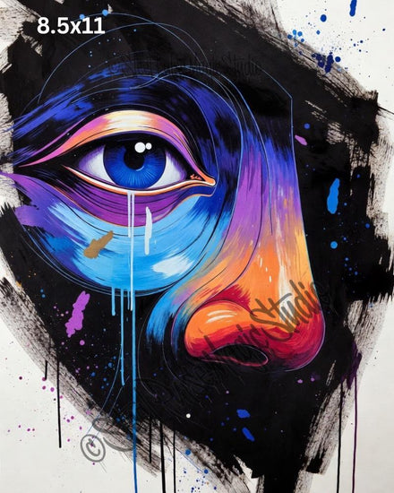 Weeping Cosmic Eye | Psychedelic Surreal Portrait Print | Vibrant Abstract Face Art | Emotional Wall Decor | 2 Sizes