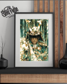 Shadow Samurai in Bamboo | Epic Japanese Warrior Portrait | Fantasy Art Print | Dramatic Forest Wall Art | 2 Sizes