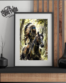 Warrior of the Wild | Native American Chief on Horseback | Epic Fantasy Portrait Print | Forest Wall Art | 2 Sizes