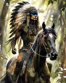 Warrior of the Wild | Native American Chief on Horseback | Epic Fantasy Portrait Print | Forest Wall Art | 2 Sizes
