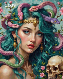 Serpent Goddess | Vibrant Medusa Portrait Print | Fantasy Snake Hair Art | Floral Skull Wall Decor | 2 Sizes