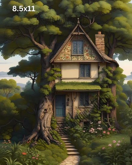 Enchanted Treehouse Cottage | Whimsical Fantasy Forest Home | Fairytale Art Print | Magical Woodland Wall Art | 2 Sizes
