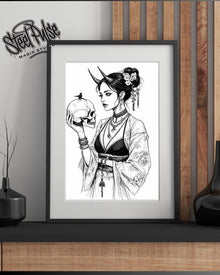 Horned Oracle | Gothic Horned Woman with Skull | Dark Fantasy Line Art Print | Occult Portrait Wall Art | 2 Sizes