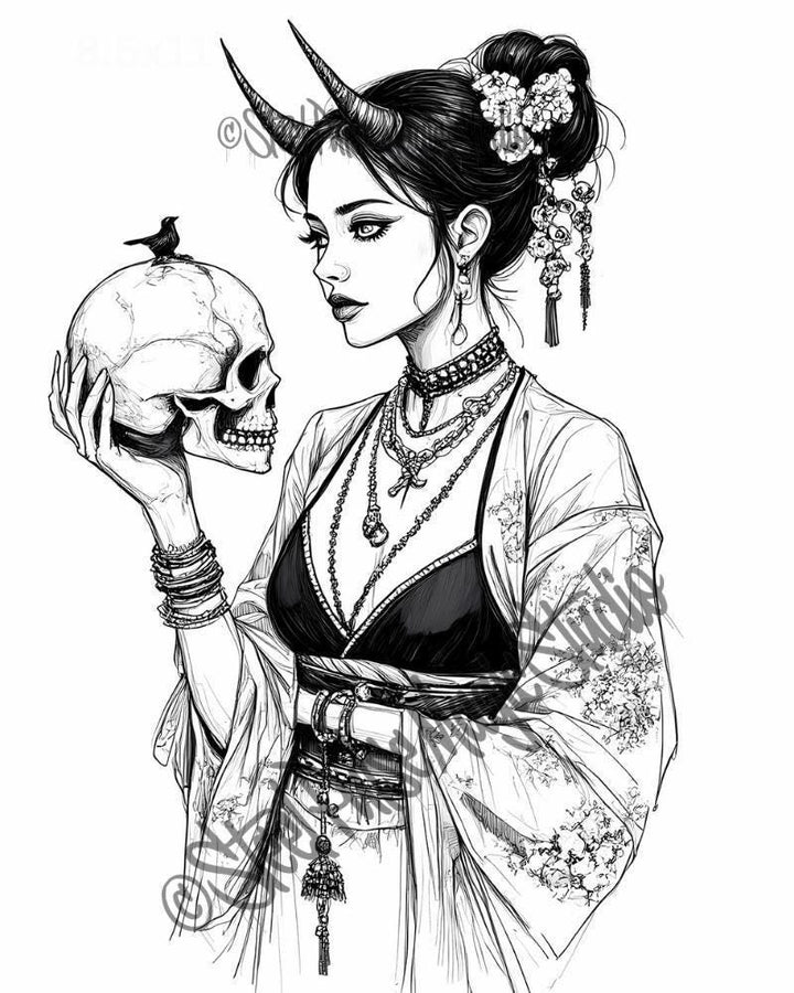 Horned Oracle | Gothic Horned Woman with Skull | Dark Fantasy Line Art Print | Occult Portrait Wall Art | 2 Sizes