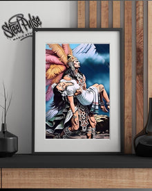 Aztec Warrior's Embrace | Epic Mesoamerican Couple Print | Dramatic Mythic Fantasy Art | Indigenous Wall Decor | 2 Sizes