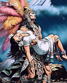 Aztec Warrior's Embrace | Epic Mesoamerican Couple Print | Dramatic Mythic Fantasy Art | Indigenous Wall Decor | 2 Sizes