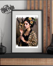Horned Muse with Skull | Gothic Floral Beauty Portrait | Dark Fantasy Woman Art Print | Occult Elegance Wall Decor | 2 Sizes
