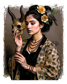 Horned Muse with Skull | Gothic Floral Beauty Portrait | Dark Fantasy Woman Art Print | Occult Elegance Wall Decor | 2 Sizes