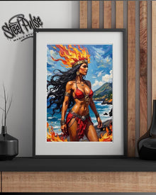 Flame Goddess of the Shore | Fiery Volcanic Warrior Woman | Epic Fantasy Art Print | Dramatic Beach Wall Decor | 2 Sizes