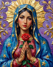 Divine Rose Madonna | Sacred Virgin Mary Portrait Print | Golden Halo Religious Fantasy Art | Spiritual Wall Decor | 2 Sizes