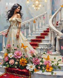 Elegant Staircase Muse | Romantic Fantasy Woman in Gown | Floral Butterfly Grand Stair Print | Dreamy Palace Wall Art | 2 Sizes