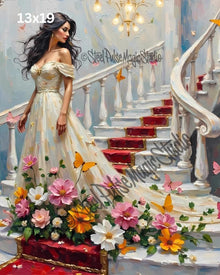 Elegant Staircase Muse | Romantic Fantasy Woman in Gown | Floral Butterfly Grand Stair Print | Dreamy Palace Wall Art | 2 Sizes
