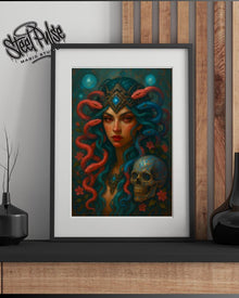 Crimson Serpent Queen | Medusa Skull Portrait Print | Vibrant Fantasy Gorgon Art | Dark Mythic Wall Decor | 2 Sizes