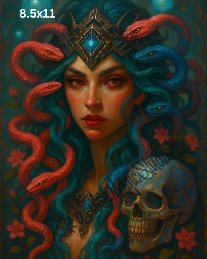 Crimson Serpent Queen | Medusa Skull Portrait Print | Vibrant Fantasy Gorgon Art | Dark Mythic Wall Decor | 2 Sizes