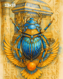 Sacred Scarab of Ra | Golden Winged Egyptian Beetle | Mythic Khepri Fantasy Art Print | Ancient Temple Wall Decor | 2 Sizes