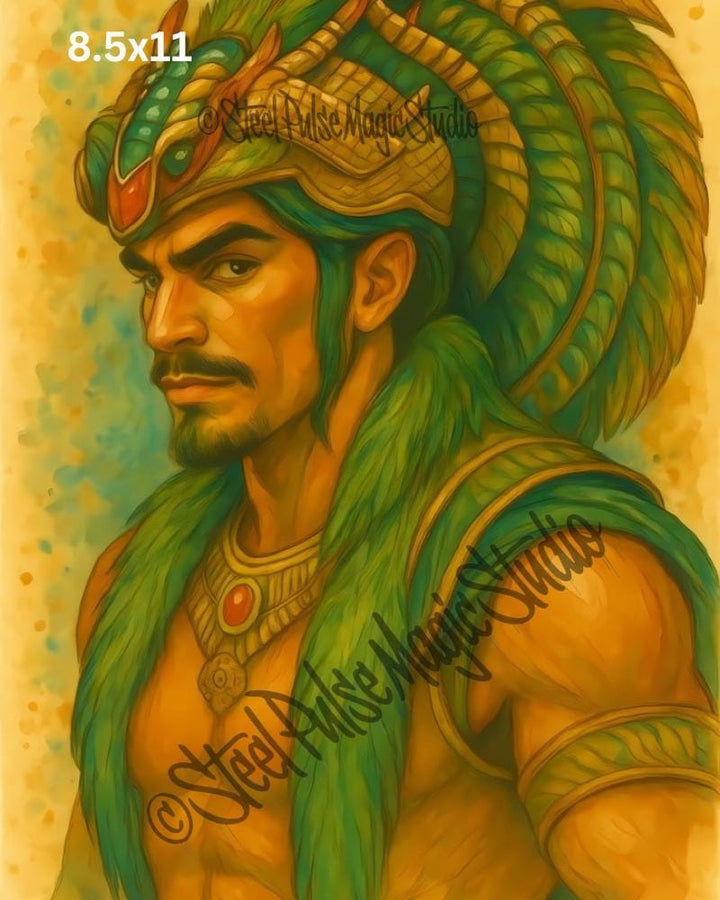 Quetzalcoatl Warrior | Majestic Feathered Serpent King | Epic Aztec Male Portrait Print | Mythic Fantasy Art | 2 Sizes
