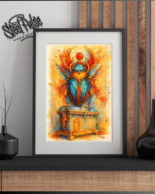 Winged Solar Scarab | Fiery Khepri Egyptian Beetle | Vibrant Mythic Scarab Print | Ancient Temple Fantasy Art | 2 Sizes