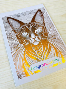Artistic Egyptian Mau Cat Design Congratulations Greeting Card, 5 in x 7 in - Bronze Foiled for a Regal Celebration