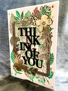 Thinking Of You Card with Leaf Cluster and Gold Flower Frame - A Warm Embrace of Nature and Care