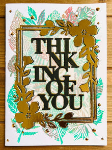 Thinking Of You Card with Leaf Cluster and Gold Flower Frame - A Warm Embrace of Nature and Care