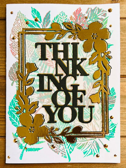 Thinking Of You Card with Leaf Cluster and Gold Flower Frame - A Warm Embrace of Nature and Care