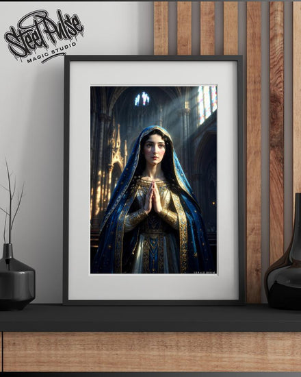 Divine Cathedral Madonna | Sacred Prayer Portrait Print | Golden Blue Religious Fantasy Art | Gothic Church Wall Decor | 2 Sizes