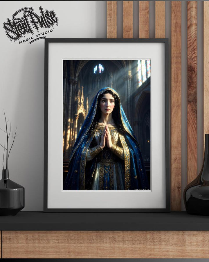 Divine Cathedral Madonna | Sacred Prayer Portrait Print | Golden Blue Religious Fantasy Art | Gothic Church Wall Decor | 2 Sizes