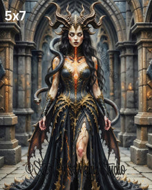Dark Horned Serpent Queen | Demonic Gothic Fantasy Woman | Cracked Lava Armor Print | Epic Dark Fantasy Wall Art | 2 Sizes