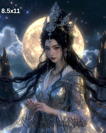Lunar Silver Sovereign | Ethereal Moon Goddess Portrait | Celestial Fantasy Queen Print | Starry Night Wall Art | 2 Sizes