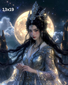 Lunar Silver Sovereign | Ethereal Moon Goddess Portrait | Celestial Fantasy Queen Print | Starry Night Wall Art | 2 Sizes