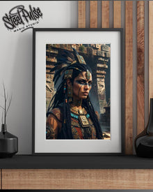 Aztec Temple Priestess | Fierce Feathered Warrior Queen | Ancient Mesoamerican Portrait Print | Mayan Stone Wall Art | 2 Sizes