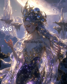 Celestial Starlight Goddess | Ethereal Cosmic Queen Portrait | Floating Crystal Realm Fantasy Art | Dreamy Purple Galaxy Print | 2 Sizes