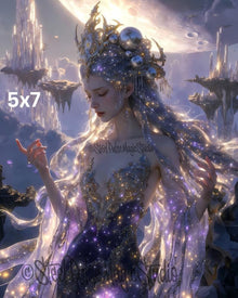 Celestial Starlight Goddess | Ethereal Cosmic Queen Portrait | Floating Crystal Realm Fantasy Art | Dreamy Purple Galaxy Print | 2 Sizes