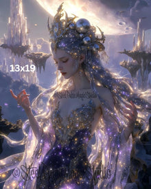 Celestial Starlight Goddess | Ethereal Cosmic Queen Portrait | Floating Crystal Realm Fantasy Art | Dreamy Purple Galaxy Print | 2 Sizes