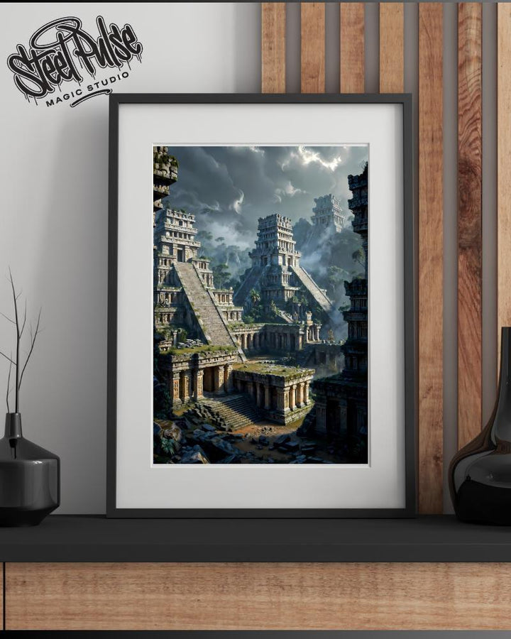 Misty Ancient Maya Ruins | Epic Mesoamerican Pyramid City | Dramatic Jungle Temple Fantasy Print | 2 Sizes