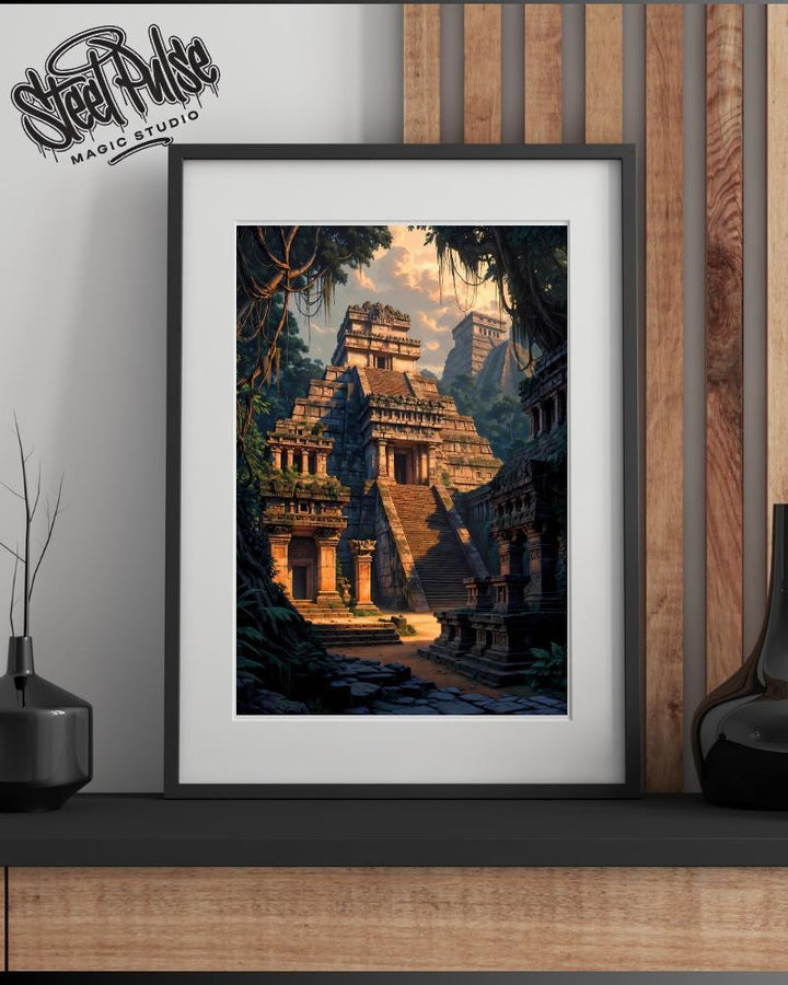 Jungle Pyramid Temple | Ancient Overgrown Mesoamerican Ruins | Golden Hour Fantasy Architecture Print | 2 Sizes